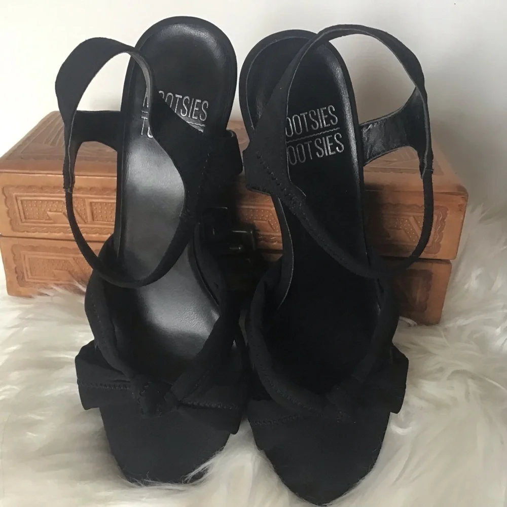 Mootsies Tootsies black fabric upper open toe knotted wedge slingback sandal S 7